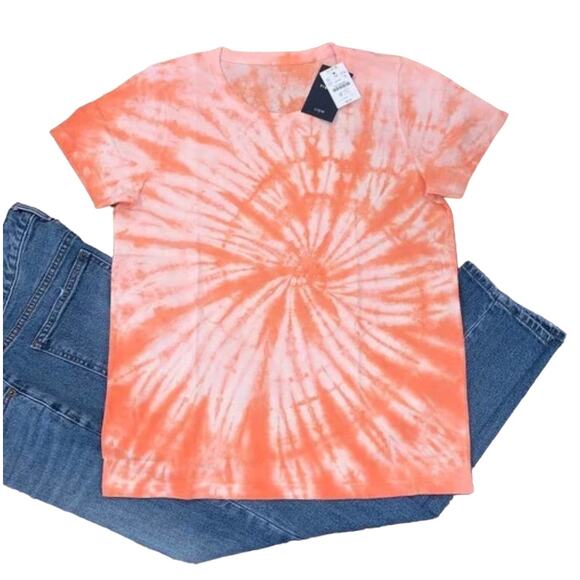 NWT J. Crew Women's Pink and Peach Tie-Dyed Crewneck Cotton Tee - Picture 1 of 10